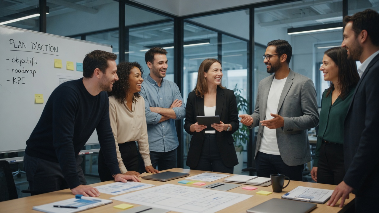 Réunion de travail autour d'un plan d'action : objectifs, roadmap et indicateurs