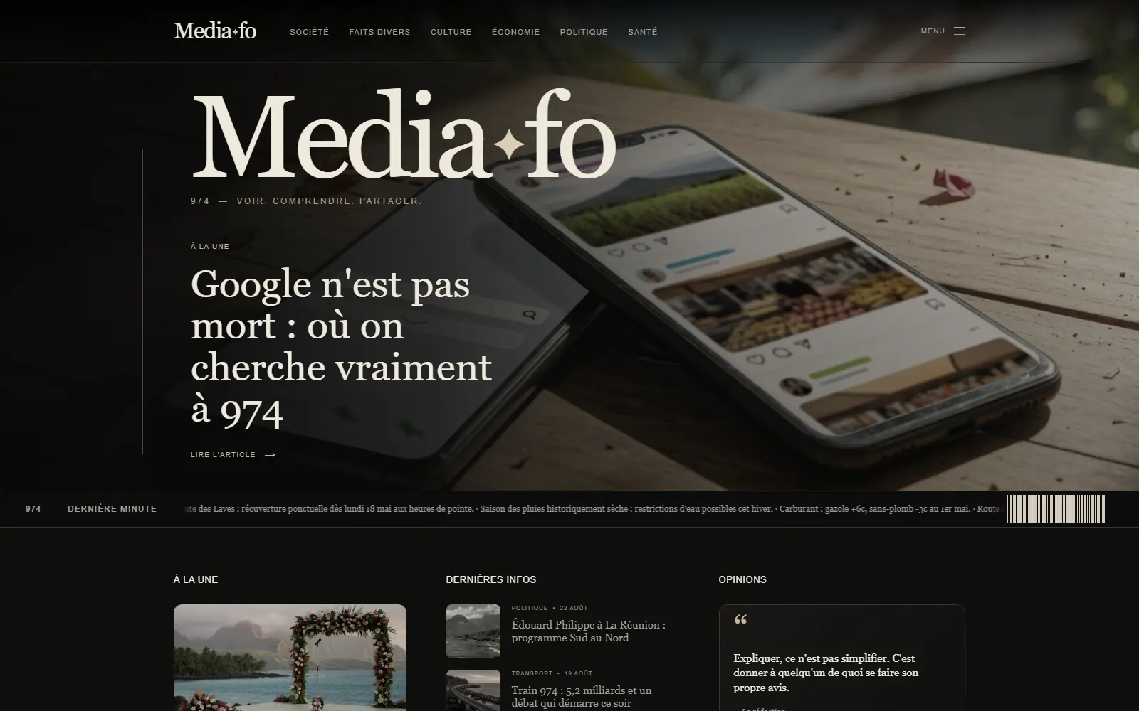 Page d’accueil de Mediafo 974, média d’actualité réunionnais